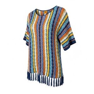 Ruby Rd. Multicolor Knit Poncho Sweater Fringe Hem Boho XL‎